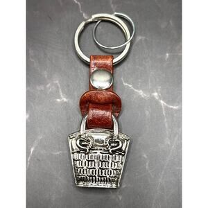 Brighton Heart Purse Basket Keychain Key Ring Silver Tone Brown Leather Strap